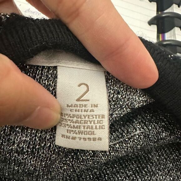 Chico’s Black Silver Metallic Brocade Wool Blend‎ Open Front Midi Cardigan sz M - Picture 7 of 10